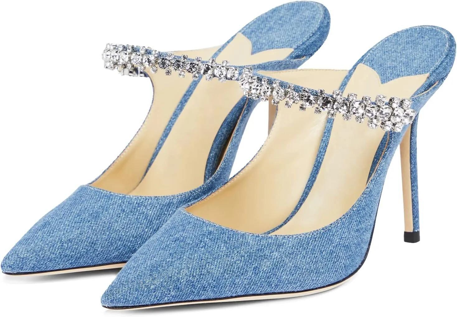 MIRAAZZURRA Women Heeled Mules Rhinestone Strappy Pointed Toe Mules Stiletto High Heels Slip On Bridal Sandals for Women
