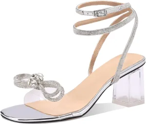 MIRAAZZURRA Women Heeled Sandals Rhinestone Ankle Strap Clear Chunky High Heels Bowknot Strappy Backless Open Toe Slip On Wedding Shoes for Women