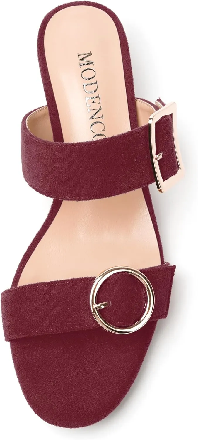 MODENCOCO Womens Kitten Heel Sandals Slip on Mules Low Heels Open Square Toe Suede Two Strap Summer Wedding Party Dressy Shoes