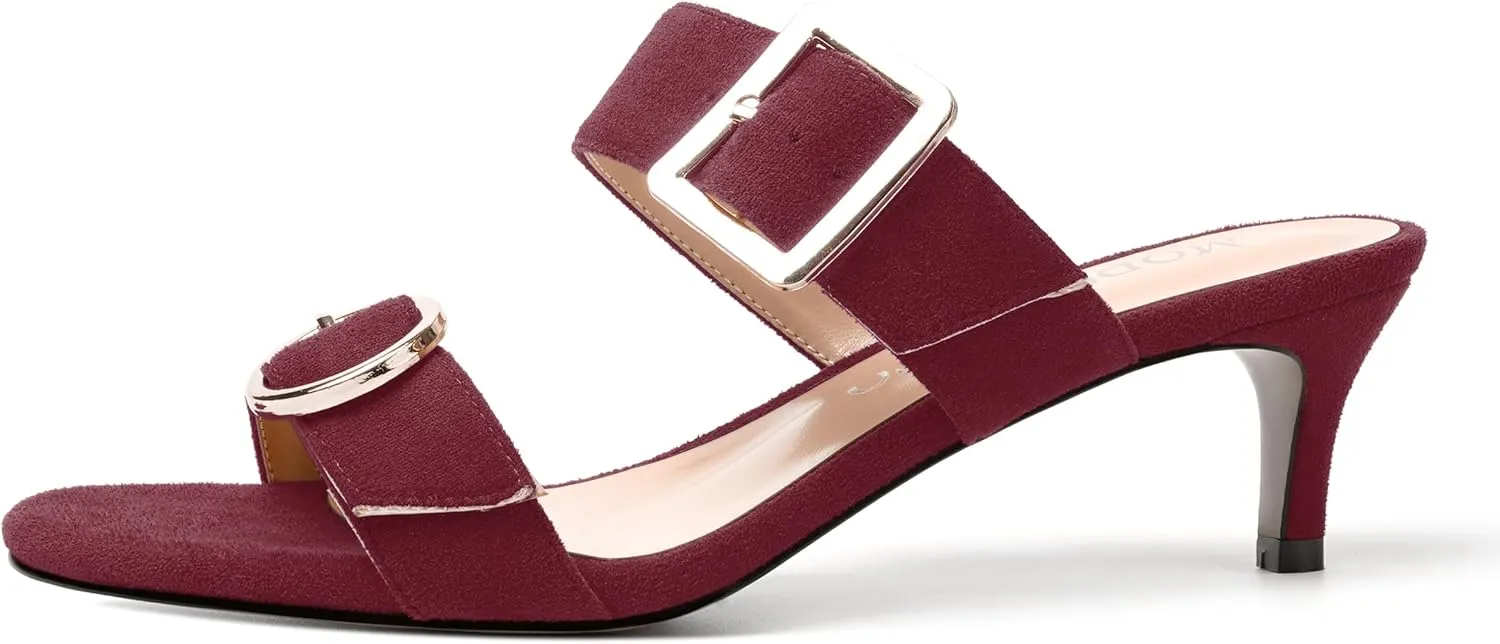 MODENCOCO Womens Kitten Heel Sandals Slip on Mules Low Heels Open Square Toe Suede Two Strap Summer Wedding Party Dressy Shoes