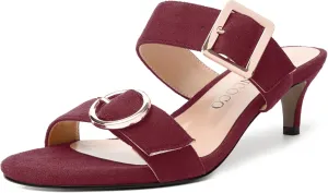 MODENCOCO Womens Kitten Heel Sandals Slip on Mules Low Heels Open Square Toe Suede Two Strap Summer Wedding Party Dressy Shoes