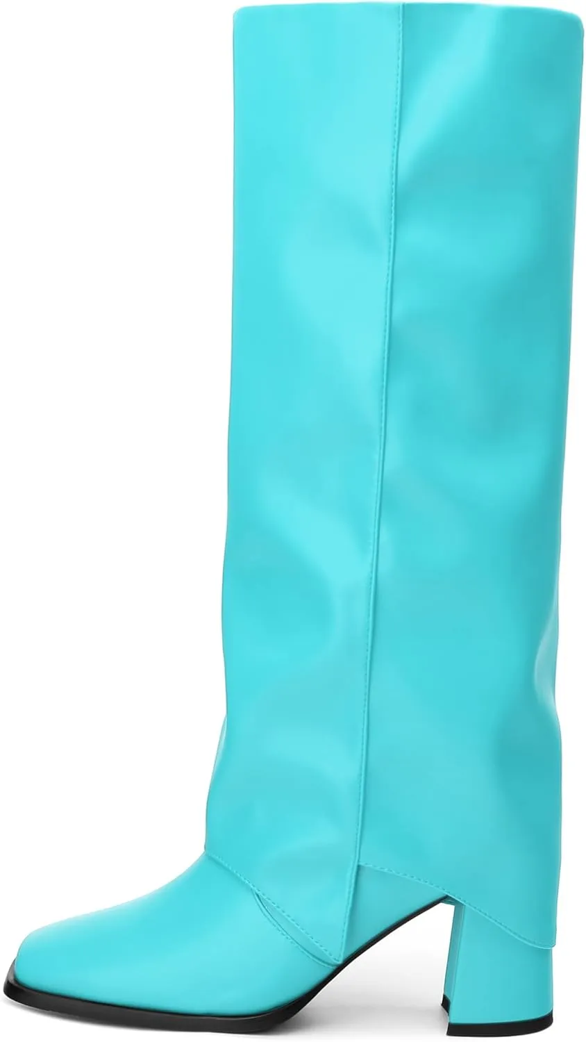 MODENCOCO Women's Knee High Boots Fold Over Wide Calf Boots Square Toe Chunky Block High Heels Long Boots Comfortable Dress Fashion Tall Boots