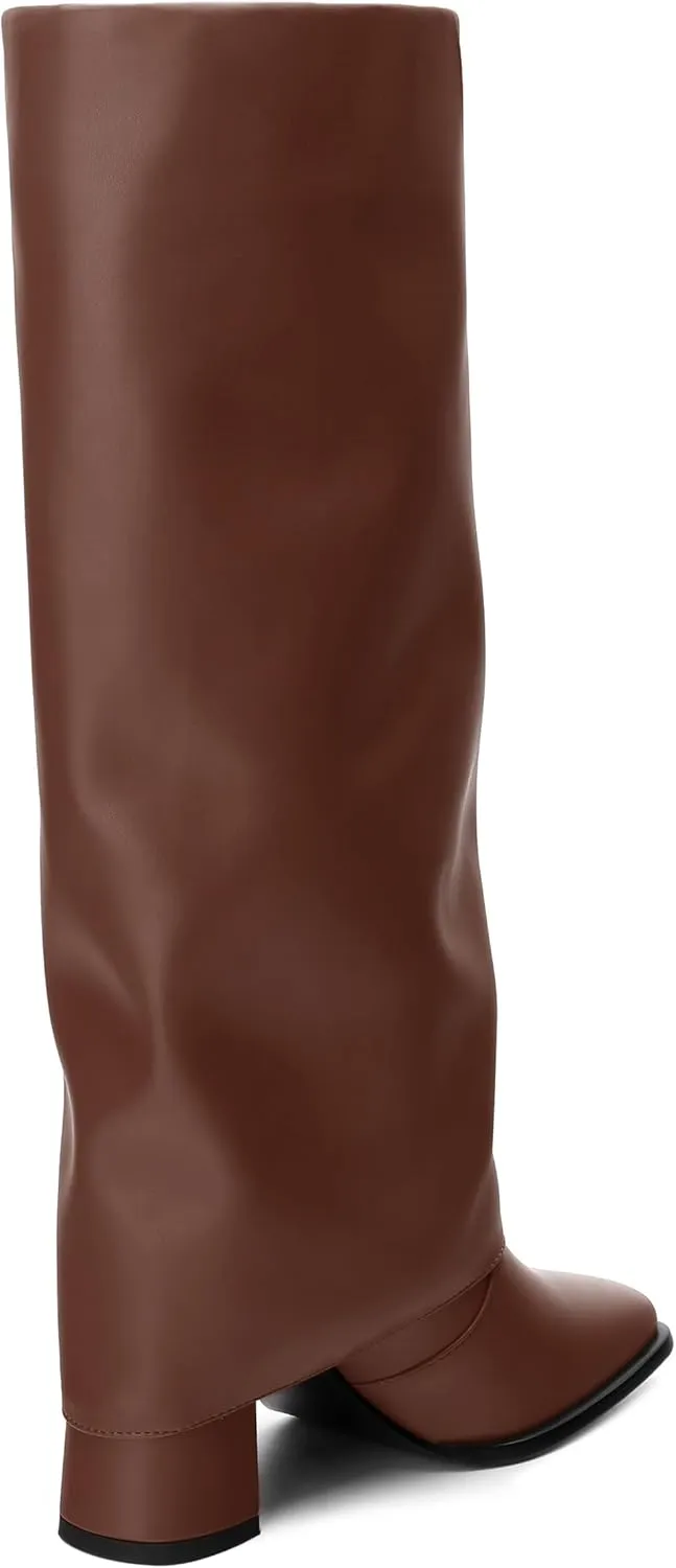 MODENCOCO Women's Knee High Boots Fold Over Wide Calf Boots Square Toe Chunky Block High Heels Long Boots Comfortable Dress Fashion Tall Boots