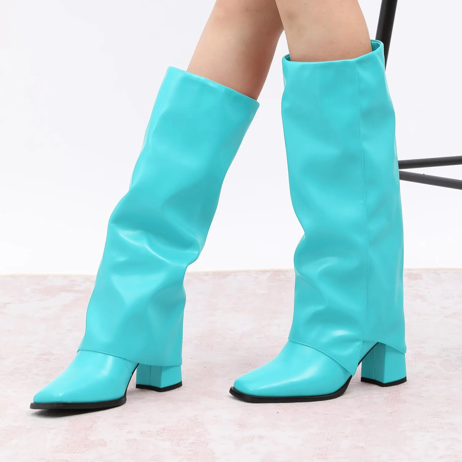 MODENCOCO Women's Knee High Boots Fold Over Wide Calf Boots Square Toe Chunky Block High Heels Long Boots Comfortable Dress Fashion Tall Boots