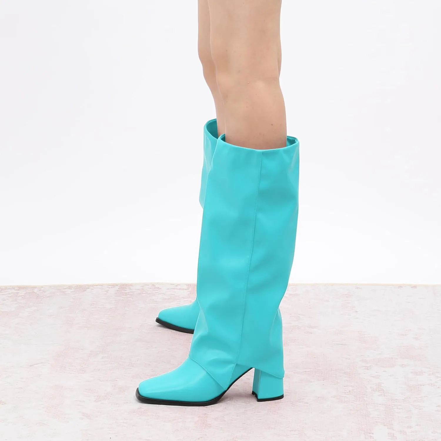 MODENCOCO Women's Knee High Boots Fold Over Wide Calf Boots Square Toe Chunky Block High Heels Long Boots Comfortable Dress Fashion Tall Boots