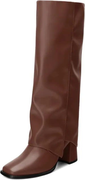 MODENCOCO Women's Knee High Boots Fold Over Wide Calf Boots Square Toe Chunky Block High Heels Long Boots Comfortable Dress Fashion Tall Boots