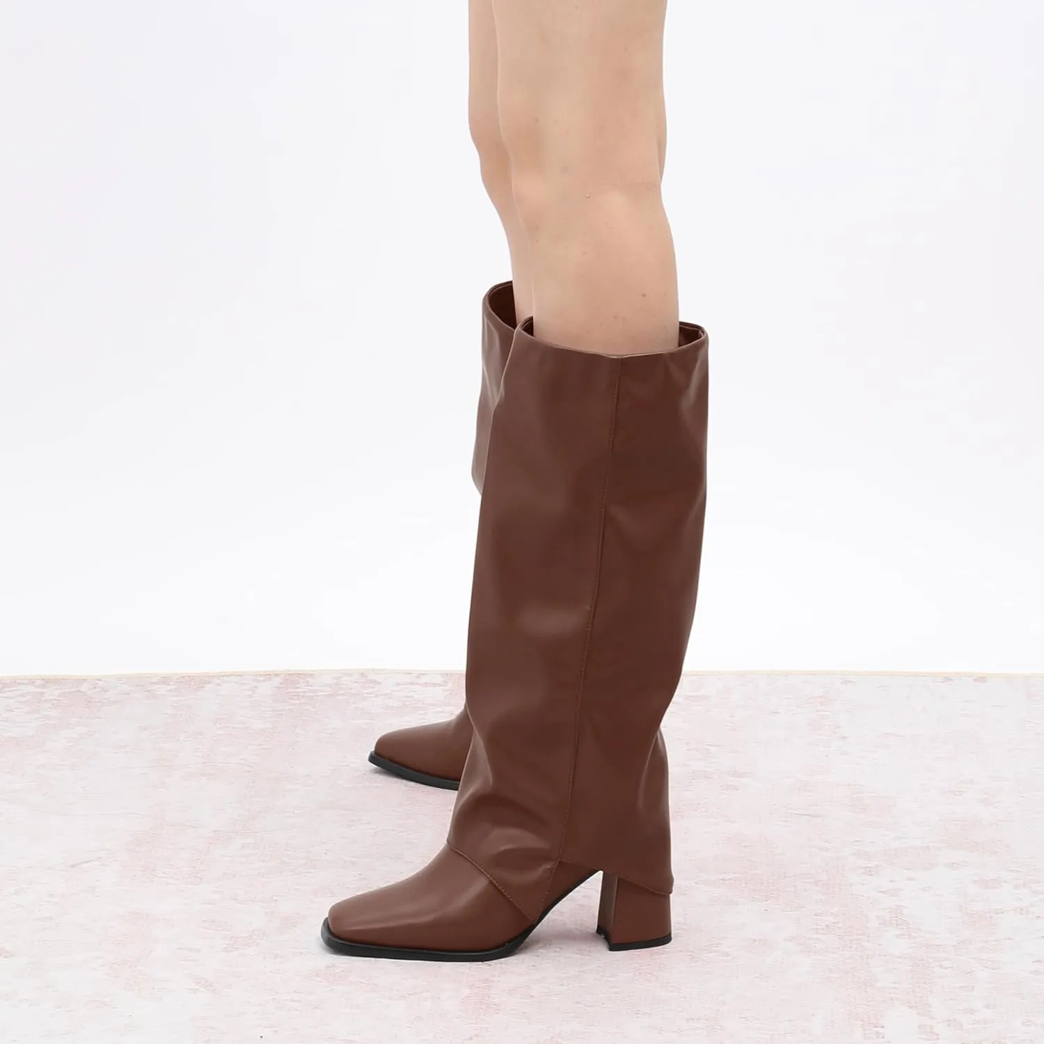 MODENCOCO Women's Knee High Boots Fold Over Wide Calf Boots Square Toe Chunky Block High Heels Long Boots Comfortable Dress Fashion Tall Boots