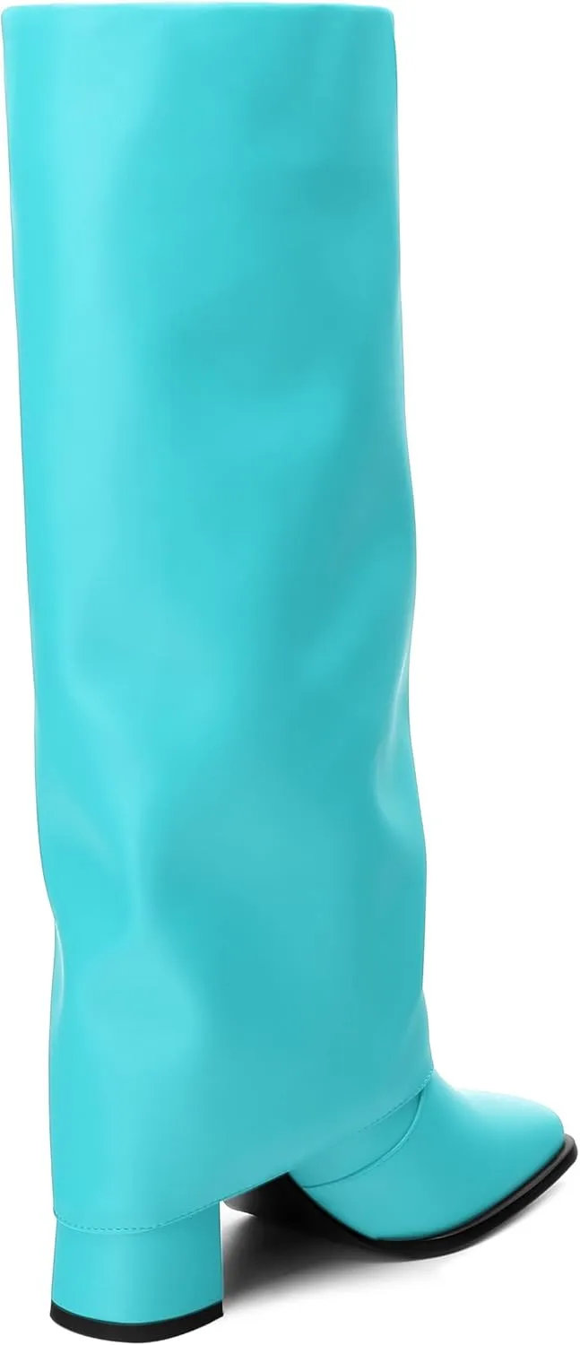 MODENCOCO Women's Knee High Boots Fold Over Wide Calf Boots Square Toe Chunky Block High Heels Long Boots Comfortable Dress Fashion Tall Boots