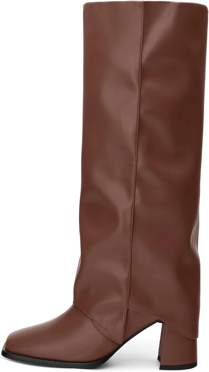 MODENCOCO Women's Knee High Boots Fold Over Wide Calf Boots Square Toe Chunky Block High Heels Long Boots Comfortable Dress Fashion Tall Boots