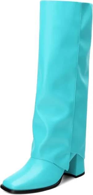 MODENCOCO Women's Knee High Boots Fold Over Wide Calf Boots Square Toe Chunky Block High Heels Long Boots Comfortable Dress Fashion Tall Boots