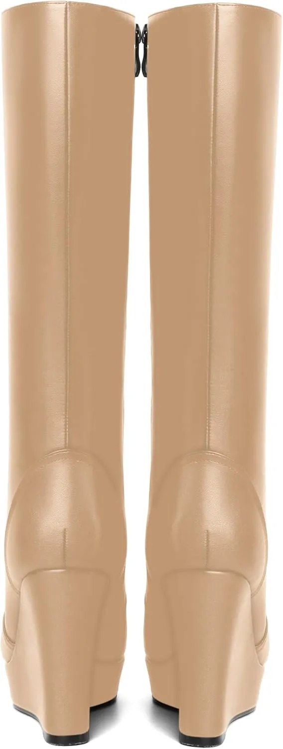 MOVINSTEPS Womens Zip Round Toe Matte Cold Weather Outdoor Solid Wedge High Heel Mid Calf Boots 4 Inch