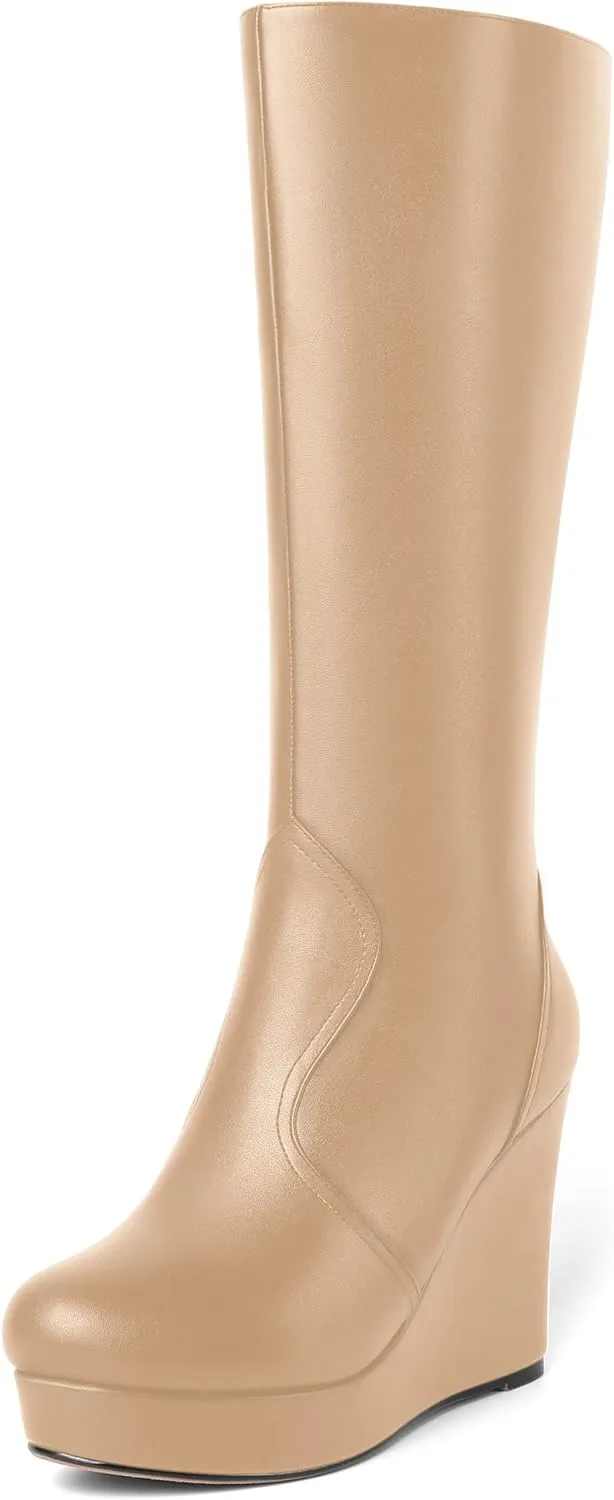 MOVINSTEPS Womens Zip Round Toe Matte Cold Weather Outdoor Solid Wedge High Heel Mid Calf Boots 4 Inch