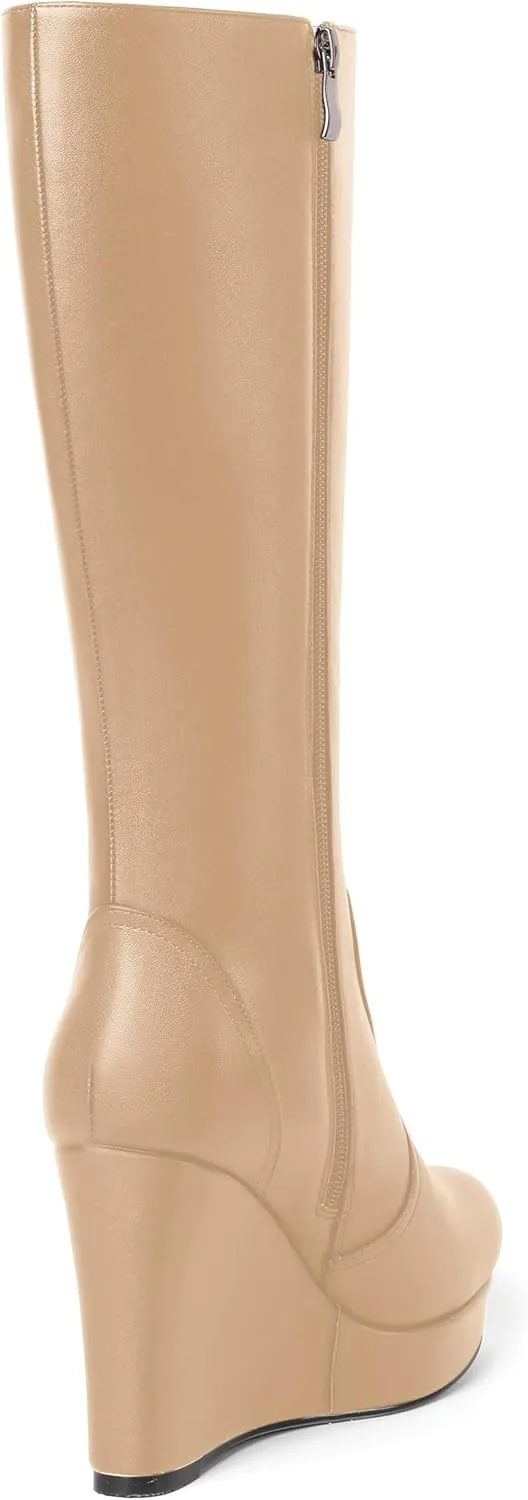 MOVINSTEPS Womens Zip Round Toe Matte Cold Weather Outdoor Solid Wedge High Heel Mid Calf Boots 4 Inch