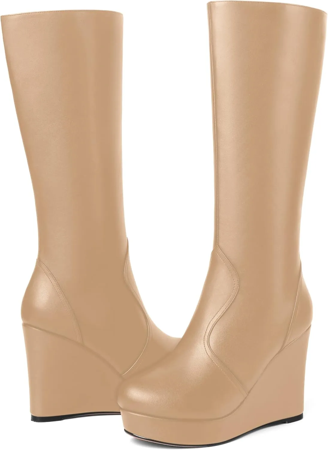 MOVINSTEPS Womens Zip Round Toe Matte Cold Weather Outdoor Solid Wedge High Heel Mid Calf Boots 4 Inch
