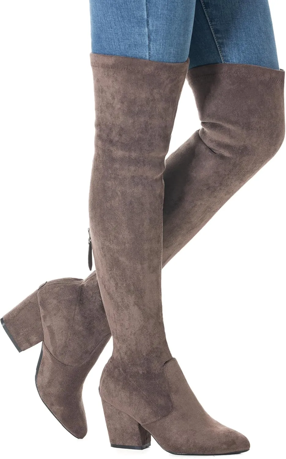 Mtzyoa Thigh High Block Heel Boot Women Pointed Toe Stretch Over The Knee Boots