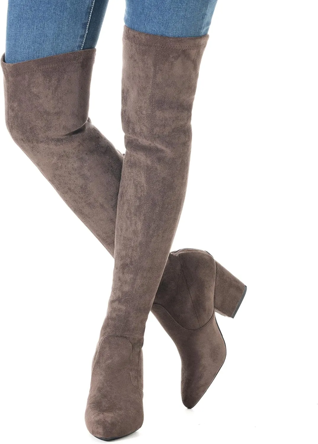 Mtzyoa Thigh High Block Heel Boot Women Pointed Toe Stretch Over The Knee Boots