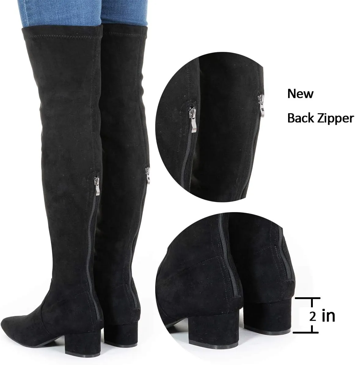 Mtzyoa Thigh High Block Heel Boot Women Pointed Toe Stretch Over The Knee Boots