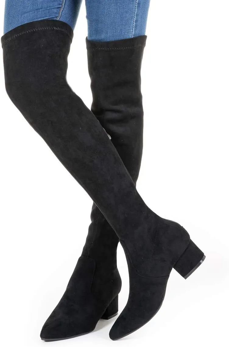 Mtzyoa Thigh High Block Heel Boot Women Pointed Toe Stretch Over The Knee Boots