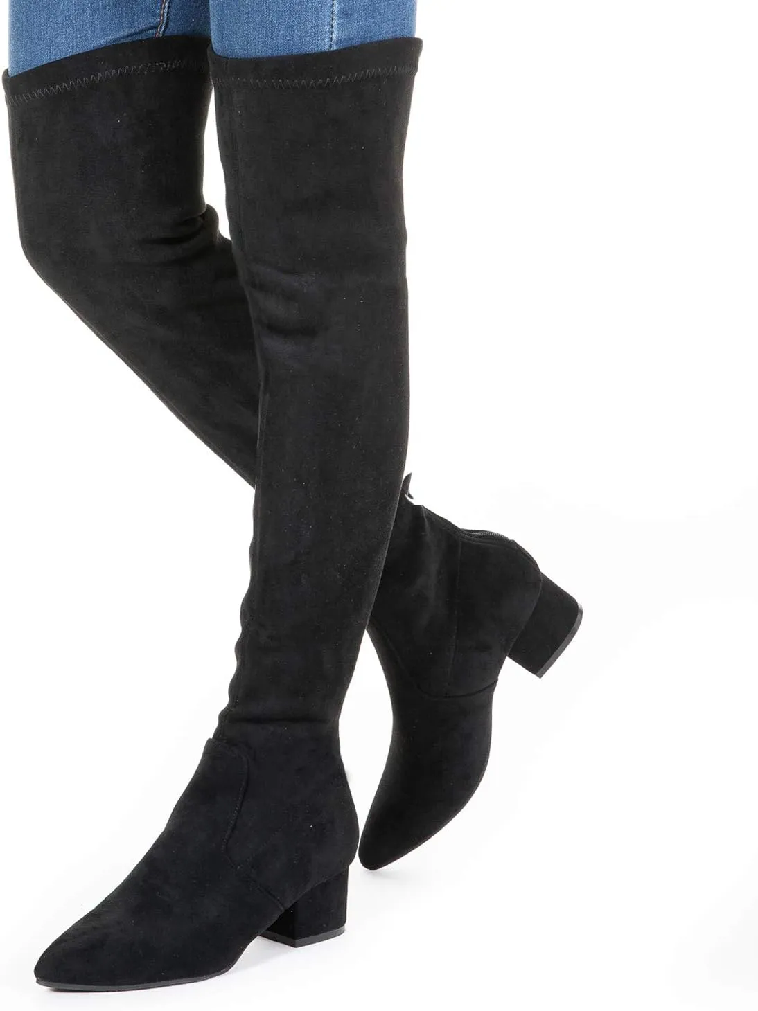 Mtzyoa Thigh High Block Heel Boot Women Pointed Toe Stretch Over The Knee Boots
