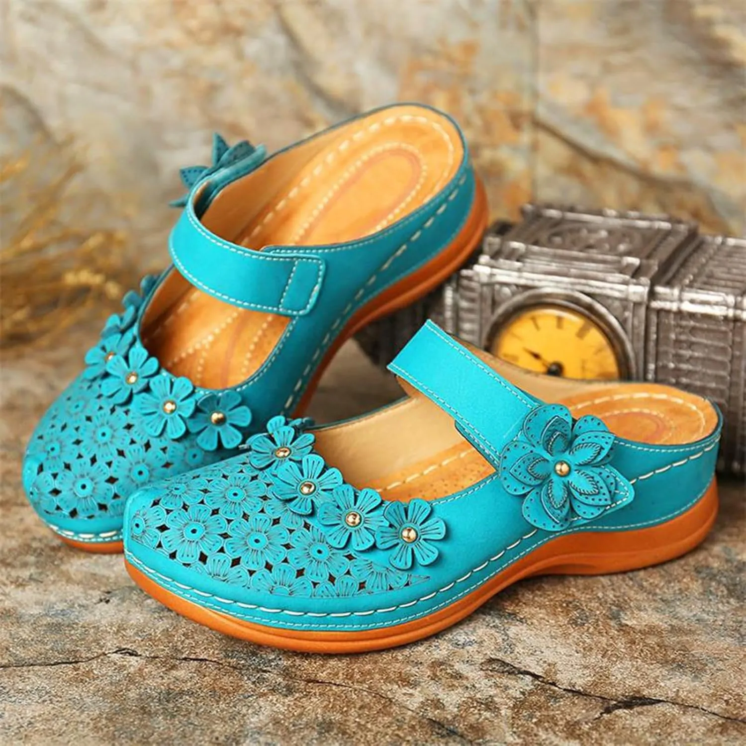 Mules for Women Wedge Sandals Comfortable Dressy Summer Closed Toe Casual Slip On Shoes with Adjustable Hook Loop Heel Sandal Mule Clogs Low Orthopedic Round Head Anti-Slip Soft Bottom Footwear