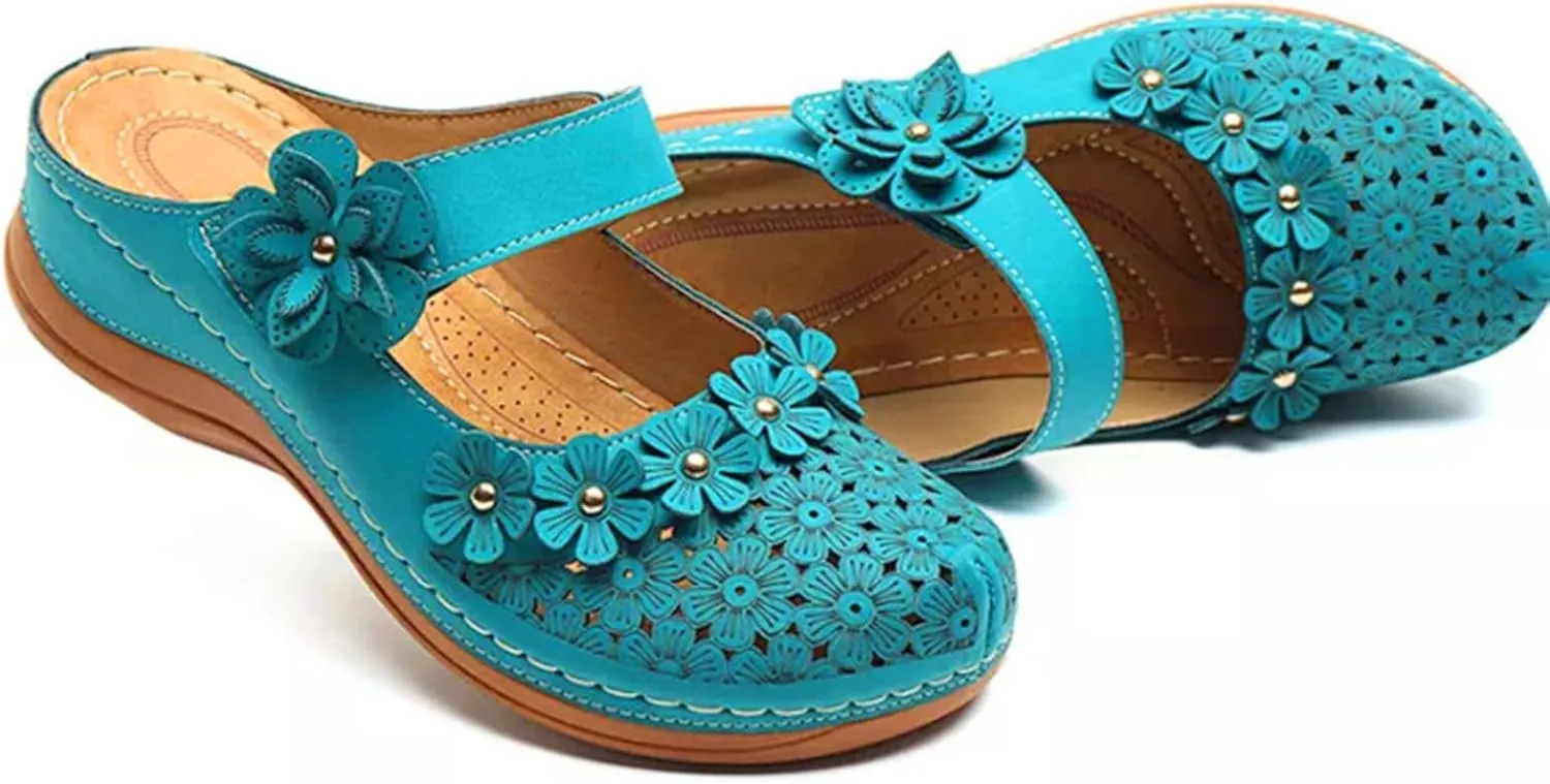 Mules for Women Wedge Sandals Comfortable Dressy Summer Closed Toe Casual Slip On Shoes with Adjustable Hook Loop Heel Sandal Mule Clogs Low Orthopedic Round Head Anti-Slip Soft Bottom Footwear