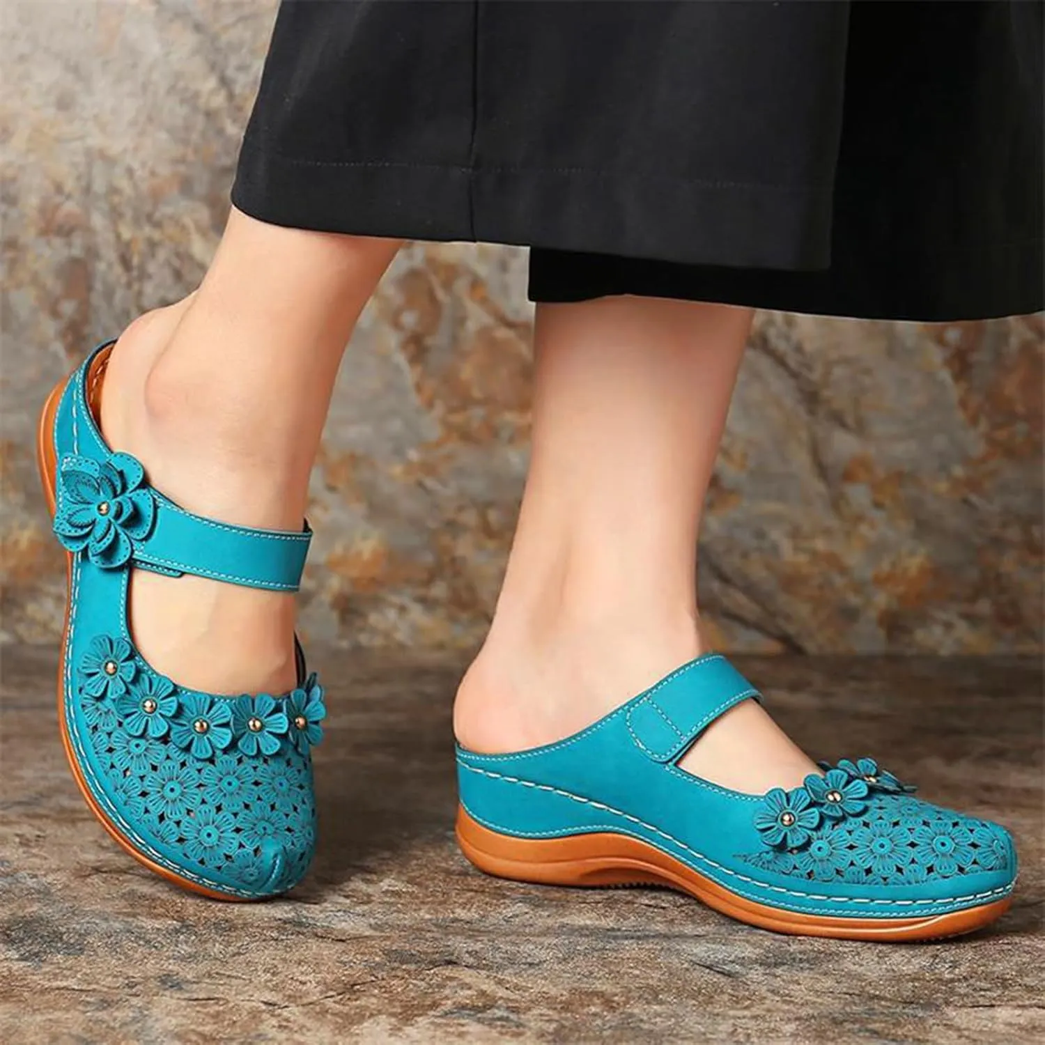 Mules for Women Wedge Sandals Comfortable Dressy Summer Closed Toe Casual Slip On Shoes with Adjustable Hook Loop Heel Sandal Mule Clogs Low Orthopedic Round Head Anti-Slip Soft Bottom Footwear