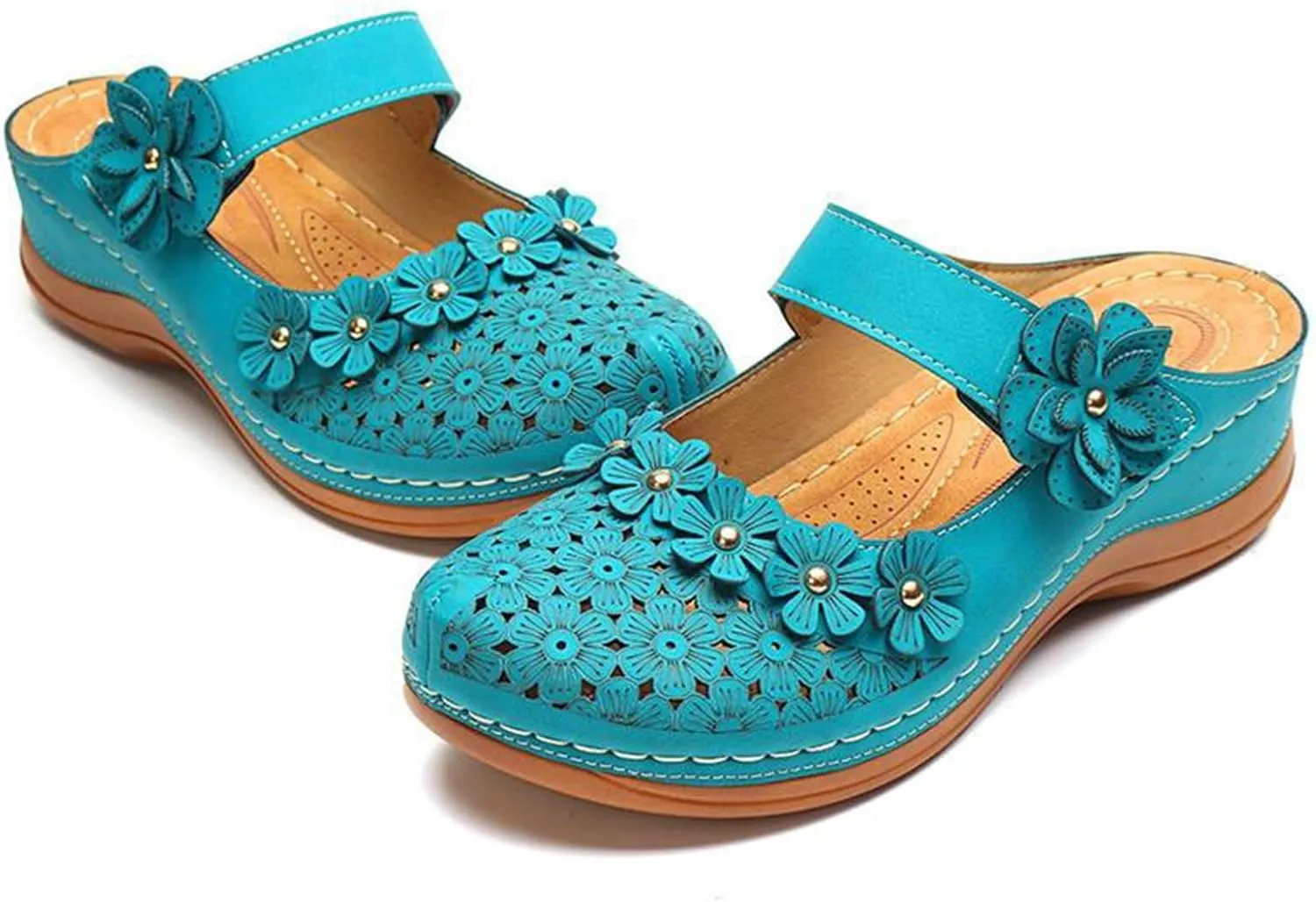 Mules for Women Wedge Sandals Comfortable Dressy Summer Closed Toe Casual Slip On Shoes with Adjustable Hook Loop Heel Sandal Mule Clogs Low Orthopedic Round Head Anti-Slip Soft Bottom Footwear