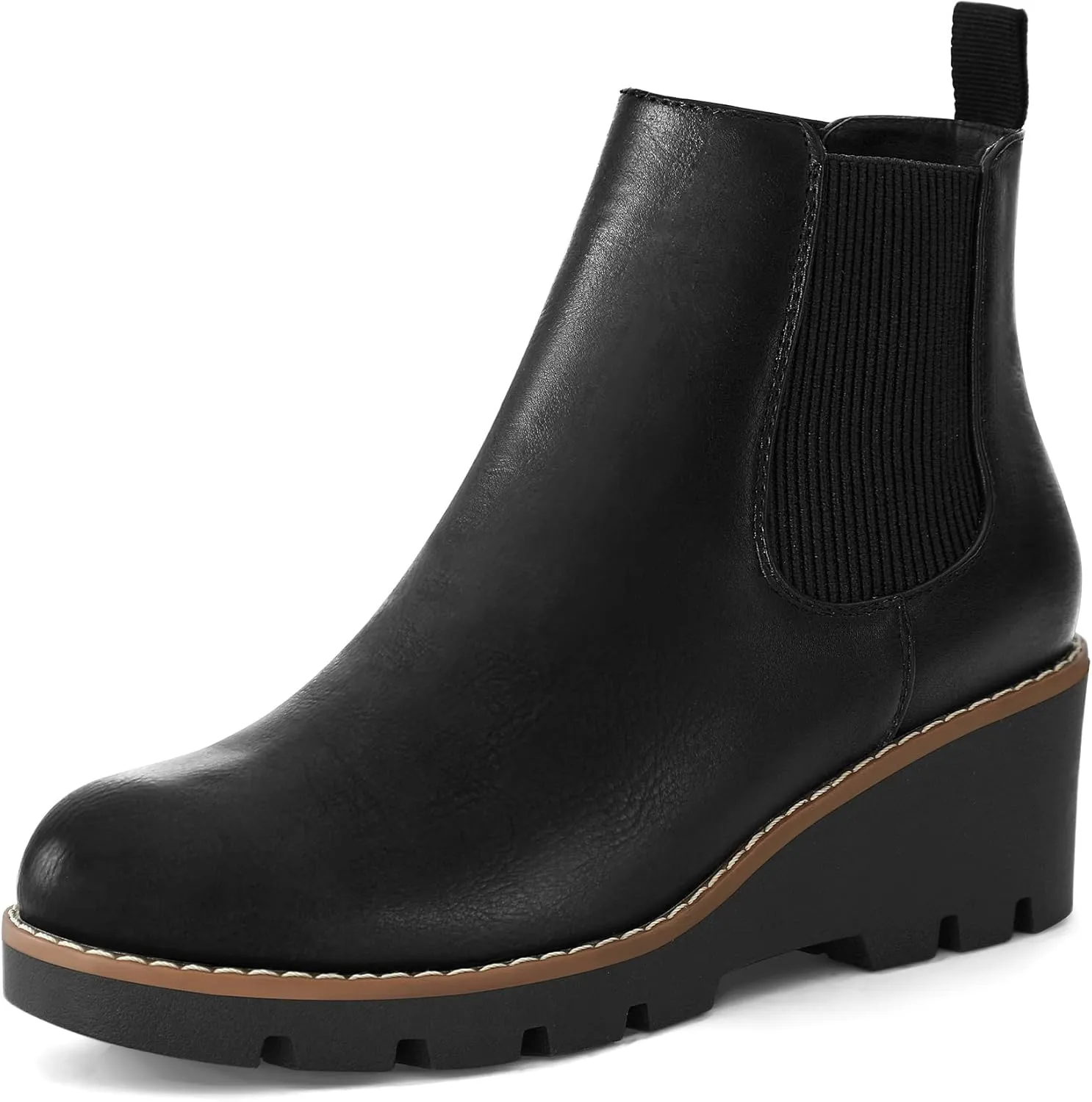 mysoft Women's Chelsea Wedge Booties Platform Lug Sole Elastic Low Wedge Heel Slip On Ankle Boots