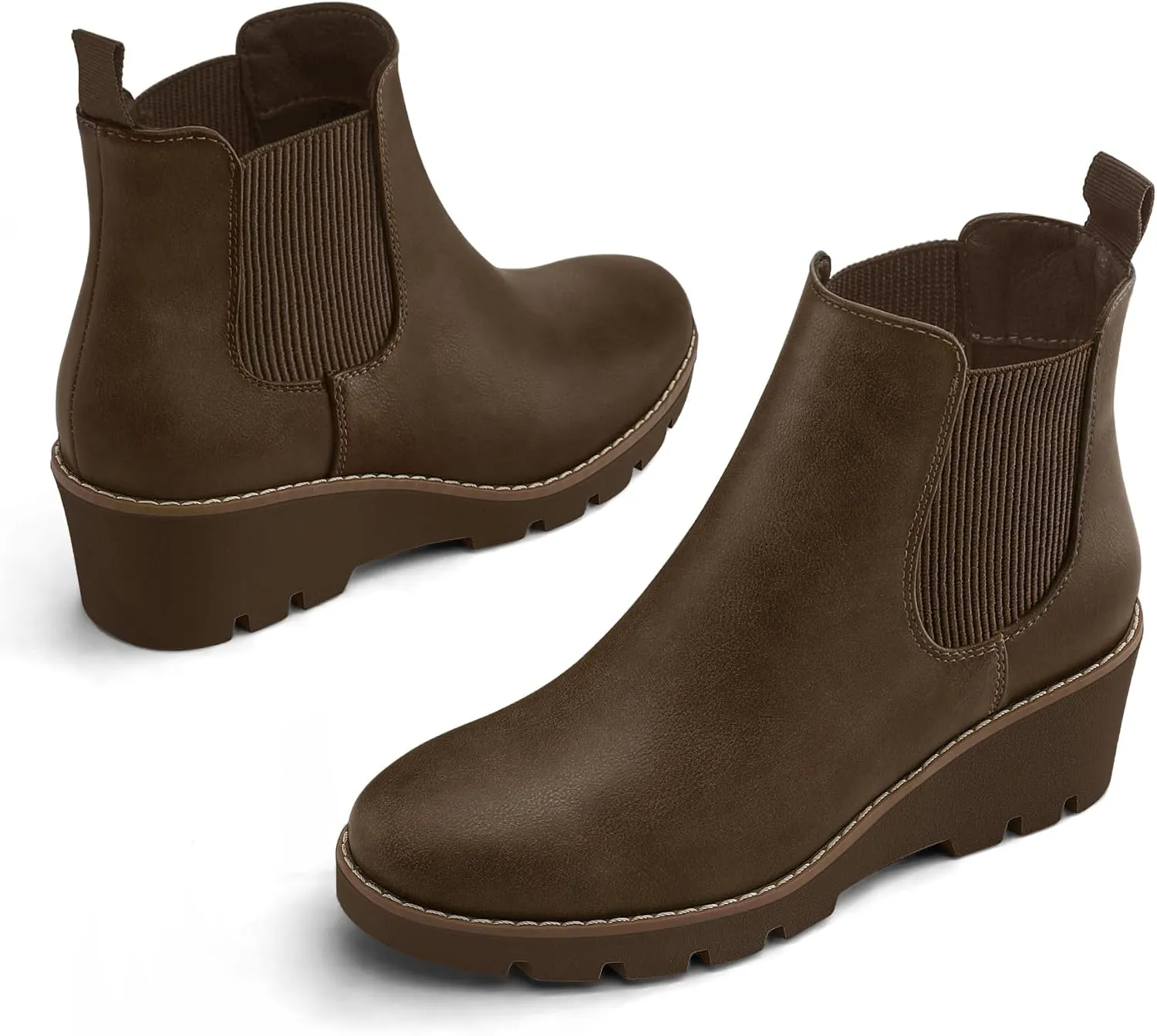 mysoft Women's Chelsea Wedge Booties Platform Lug Sole Elastic Low Wedge Heel Slip On Ankle Boots