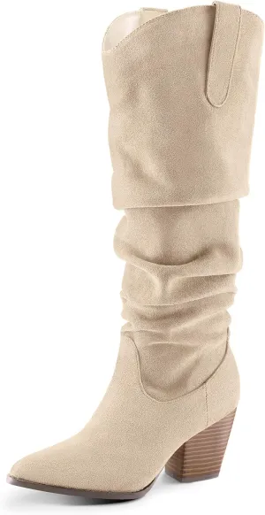 mysoft Women's Cowboy Knee-High Boots Pointed Toe Mid Chunky Heel Pull On Slouchy Boots with Zippers
