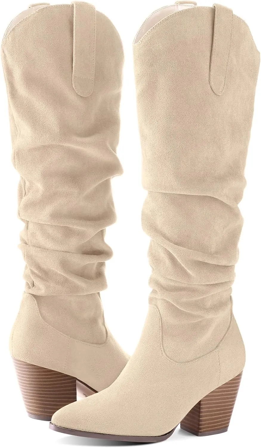 mysoft Women's Cowboy Knee-High Boots Pointed Toe Mid Chunky Heel Pull On Slouchy Boots with Zippers