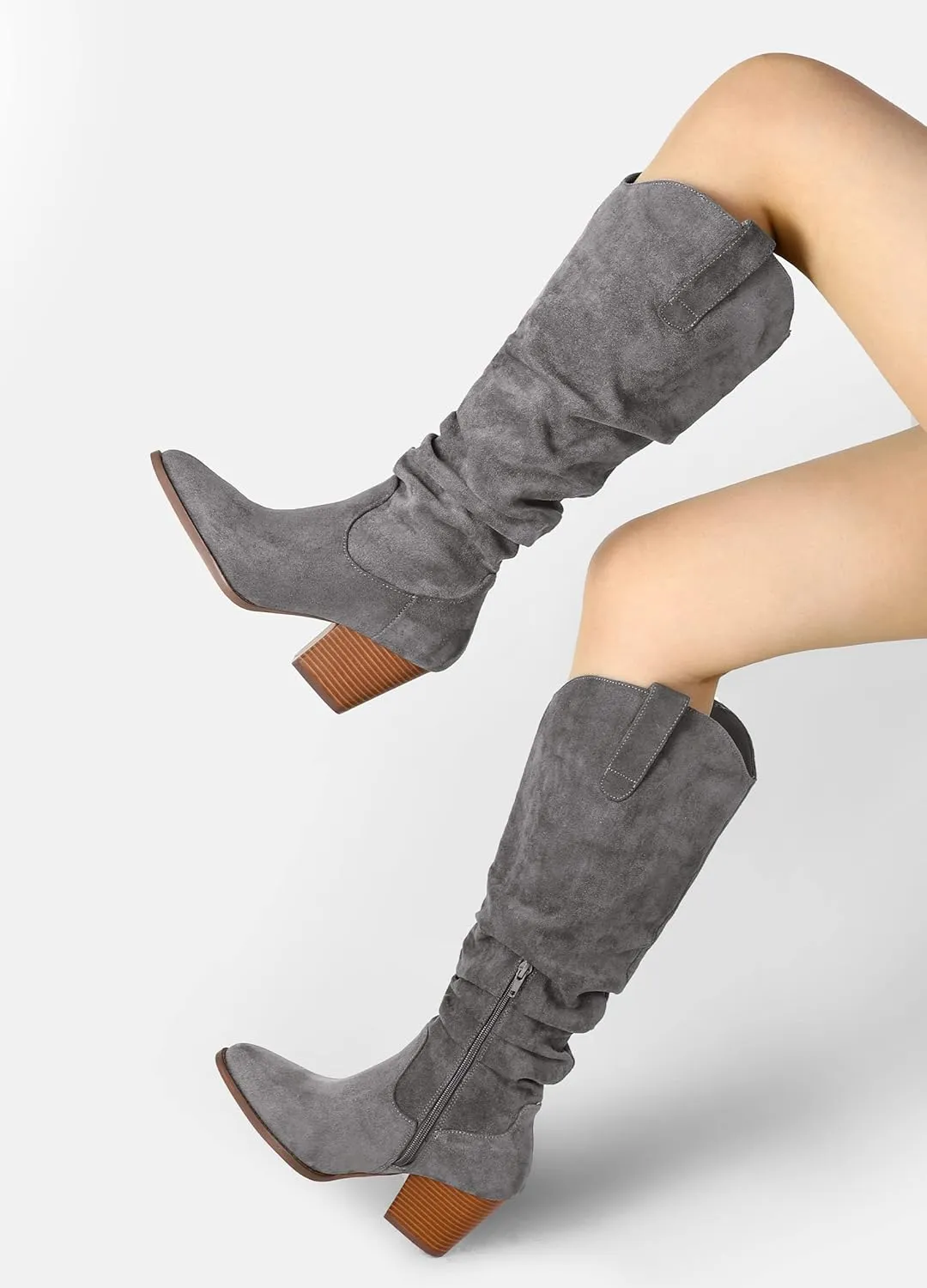mysoft Women's Cowboy Knee-High Boots Pointed Toe Mid Chunky Heel Pull On Slouchy Boots with Zippers
