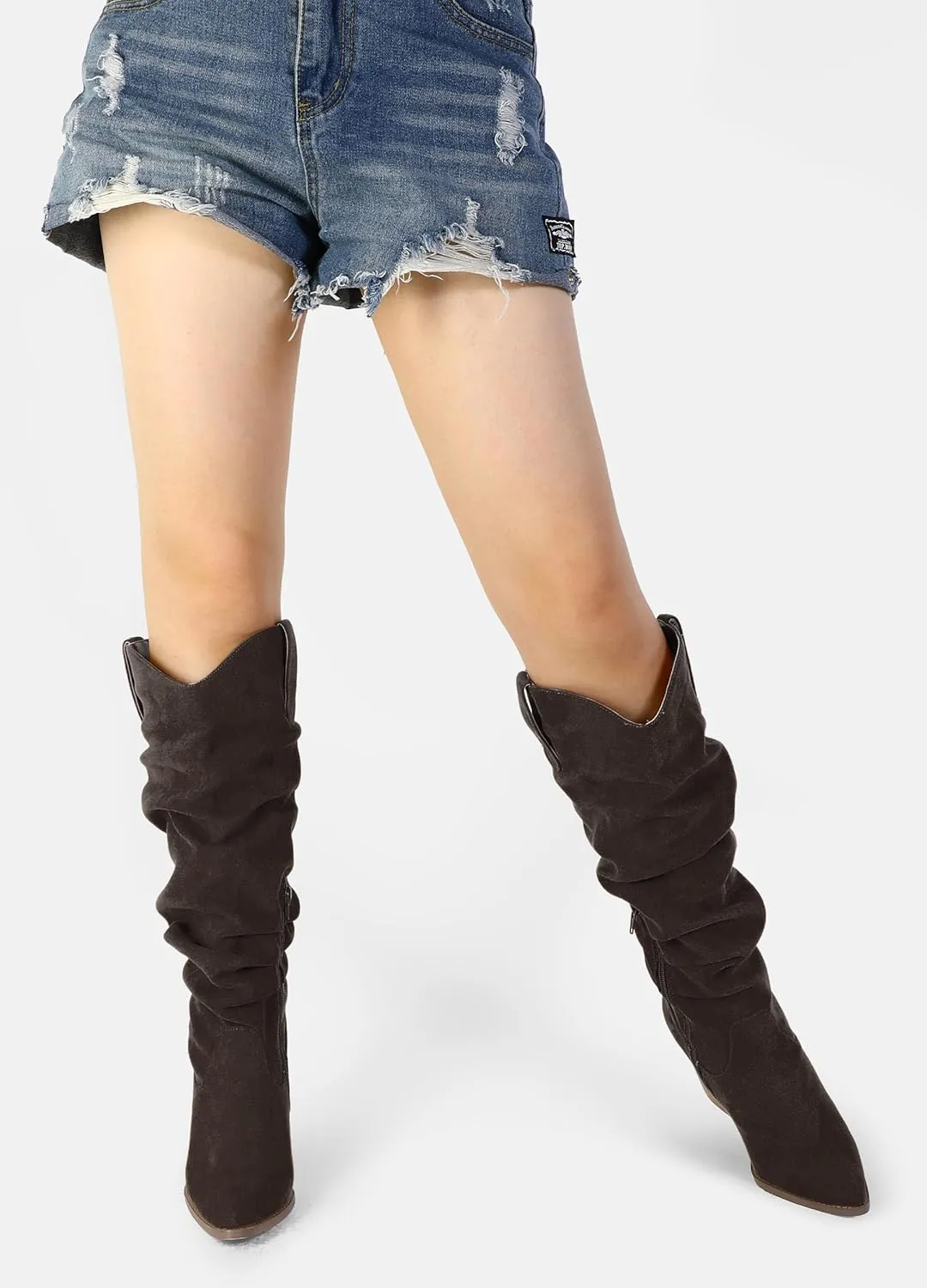 mysoft Women's Cowboy Knee-High Boots Pointed Toe Mid Chunky Heel Pull On Slouchy Boots with Zippers