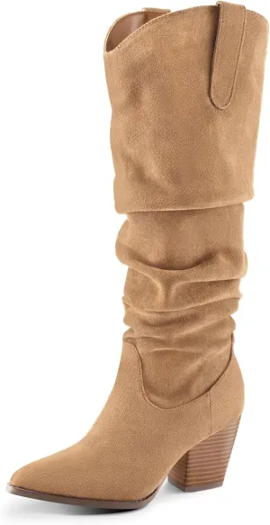 mysoft Women's Cowboy Knee-High Boots Pointed Toe Mid Chunky Heel Pull On Slouchy Boots with Zippers