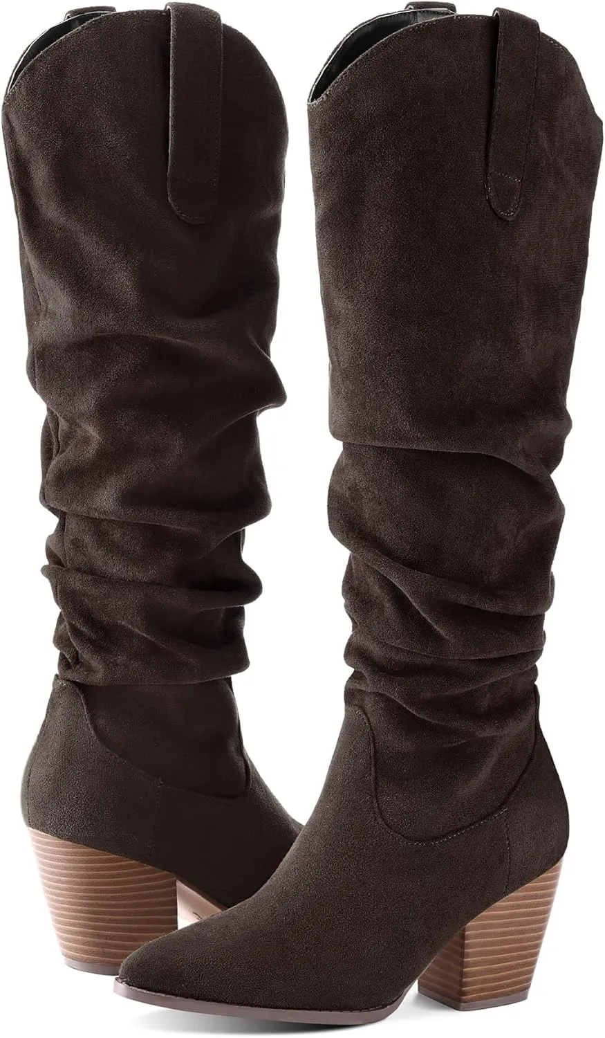 mysoft Women's Cowboy Knee-High Boots Pointed Toe Mid Chunky Heel Pull On Slouchy Boots with Zippers
