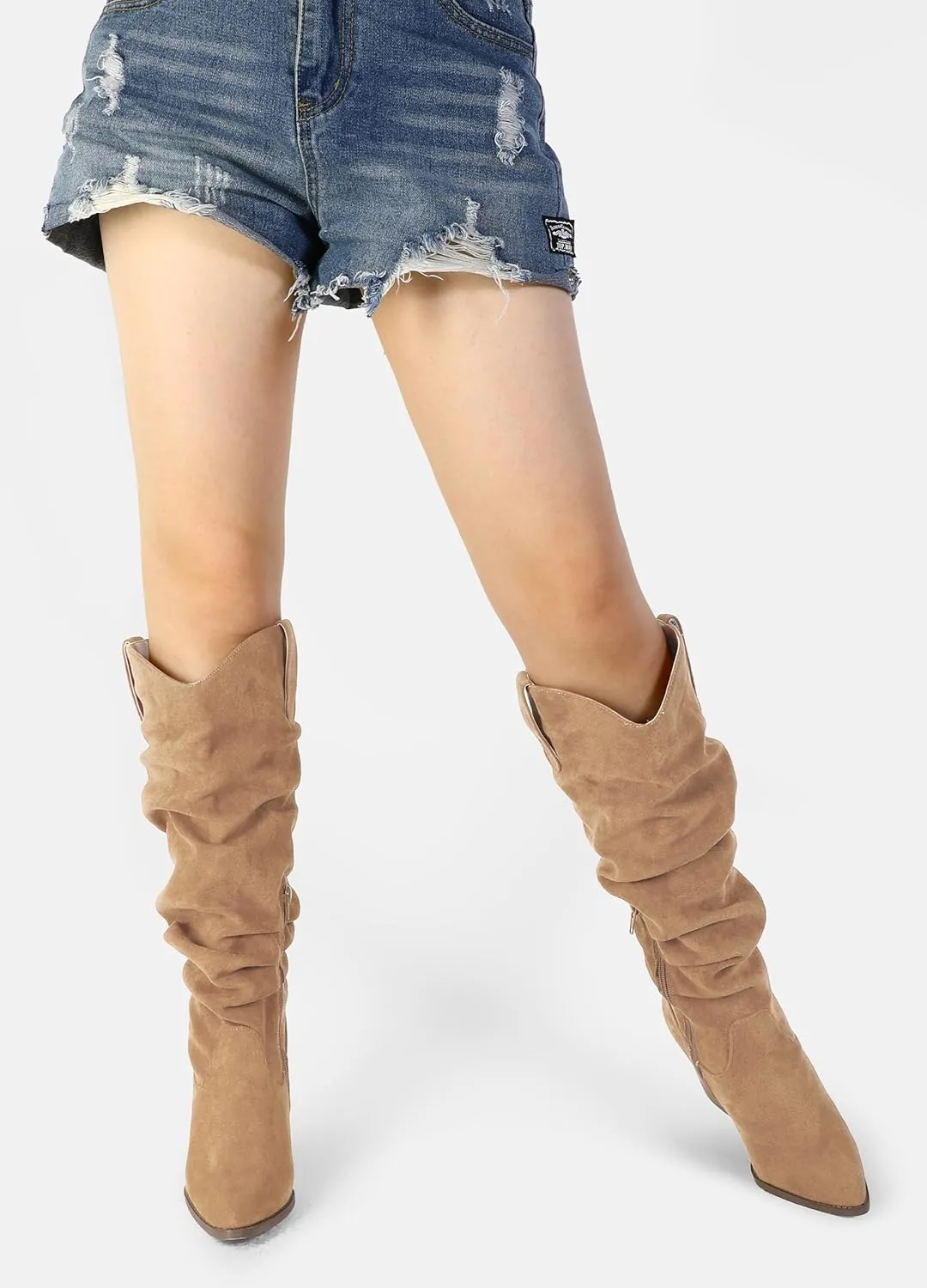 mysoft Women's Cowboy Knee-High Boots Pointed Toe Mid Chunky Heel Pull On Slouchy Boots with Zippers