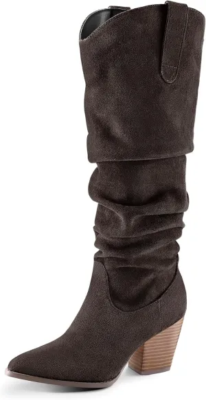 mysoft Women's Cowboy Knee-High Boots Pointed Toe Mid Chunky Heel Pull On Slouchy Boots with Zippers