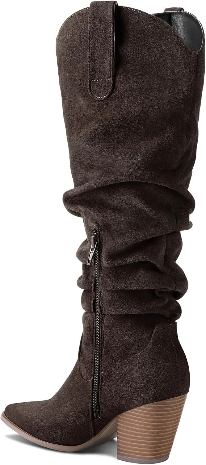 mysoft Women's Cowboy Knee-High Boots Pointed Toe Mid Chunky Heel Pull On Slouchy Boots with Zippers