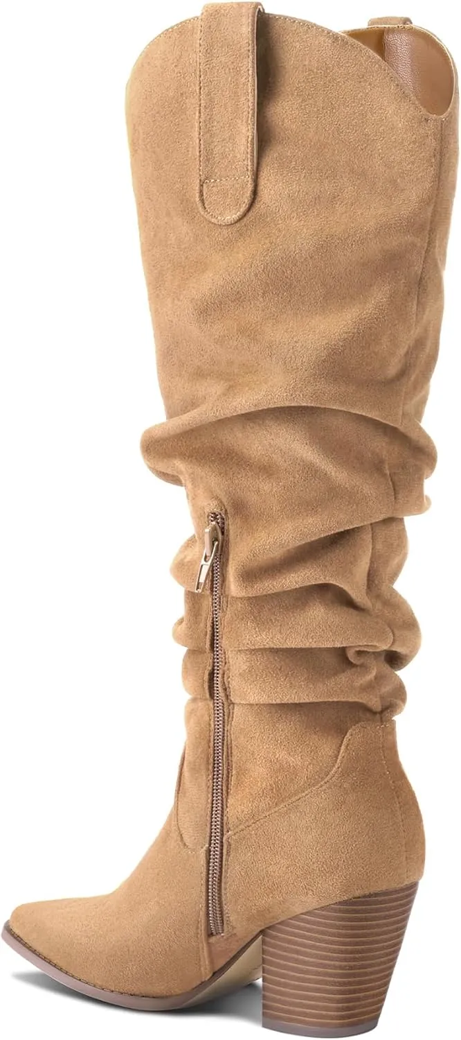 mysoft Women's Cowboy Knee-High Boots Pointed Toe Mid Chunky Heel Pull On Slouchy Boots with Zippers