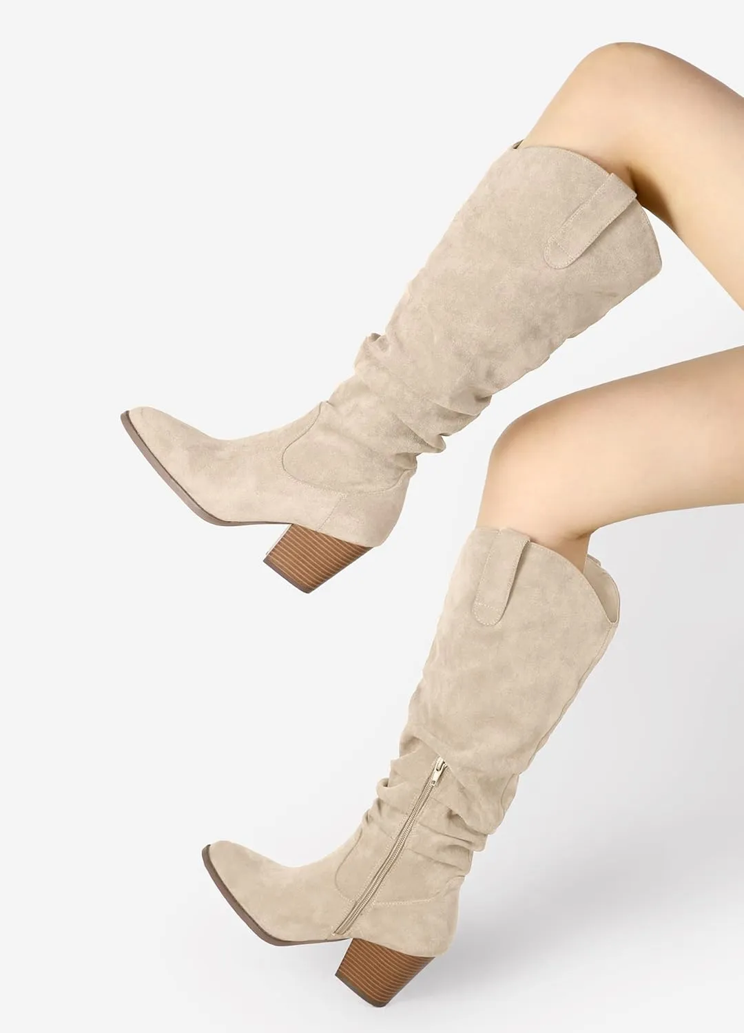 mysoft Women's Cowboy Knee-High Boots Pointed Toe Mid Chunky Heel Pull On Slouchy Boots with Zippers