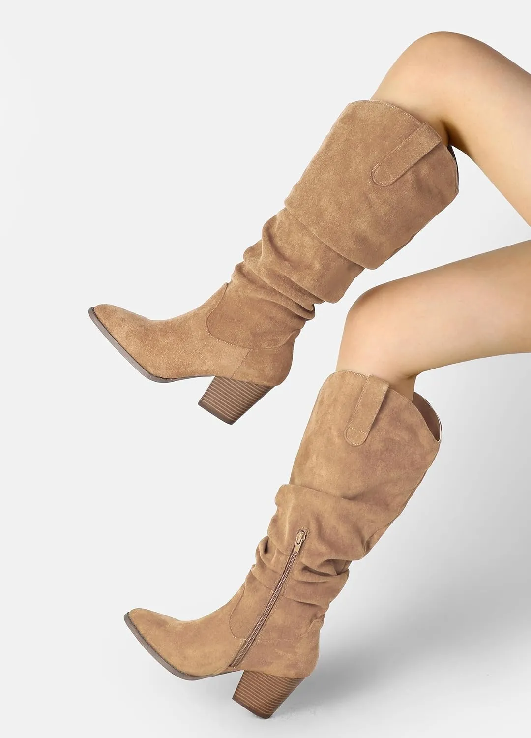 mysoft Women's Cowboy Knee-High Boots Pointed Toe Mid Chunky Heel Pull On Slouchy Boots with Zippers