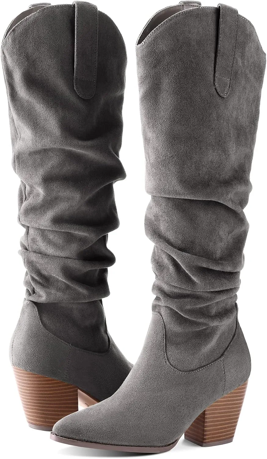 mysoft Women's Cowboy Knee-High Boots Pointed Toe Mid Chunky Heel Pull On Slouchy Boots with Zippers