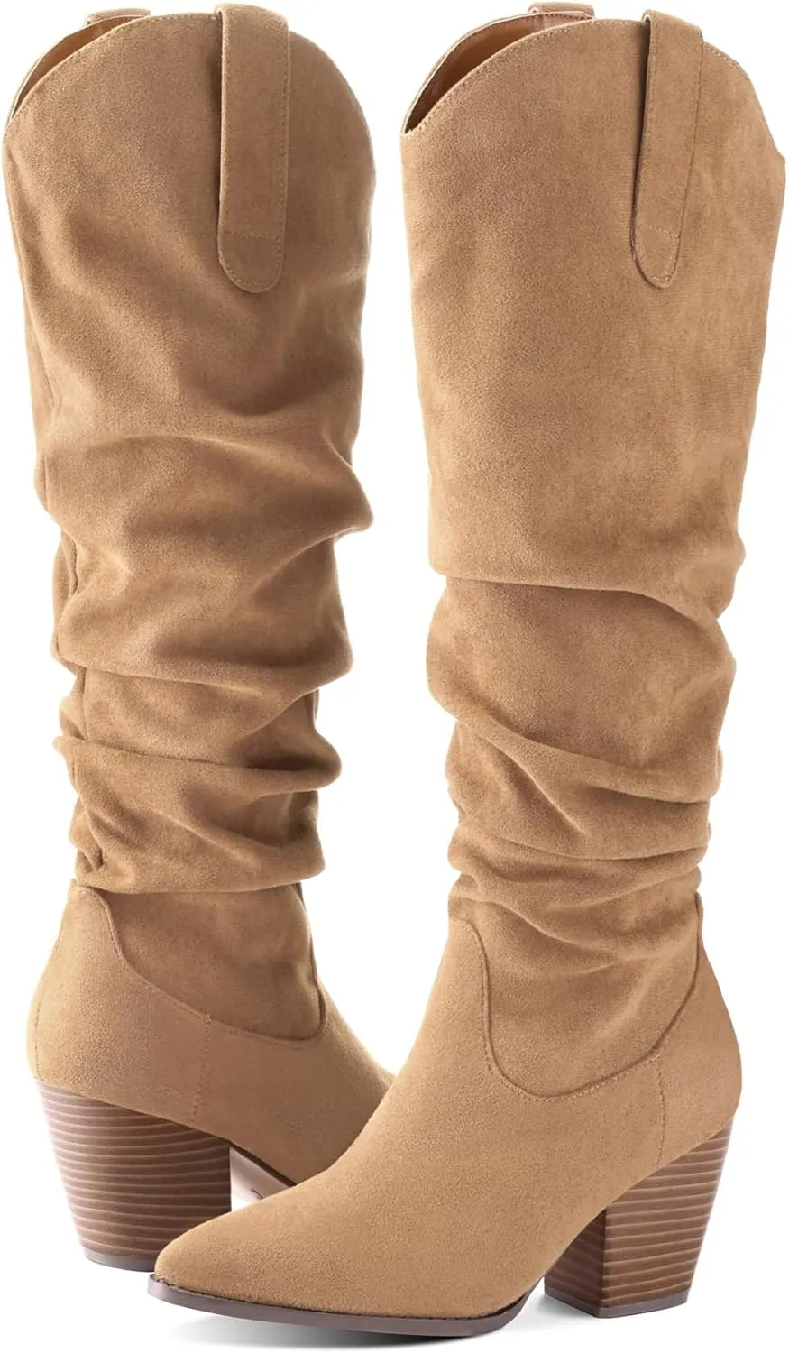 mysoft Women's Cowboy Knee-High Boots Pointed Toe Mid Chunky Heel Pull On Slouchy Boots with Zippers