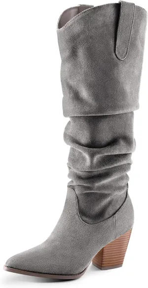 mysoft Women's Cowboy Knee-High Boots Pointed Toe Mid Chunky Heel Pull On Slouchy Boots with Zippers