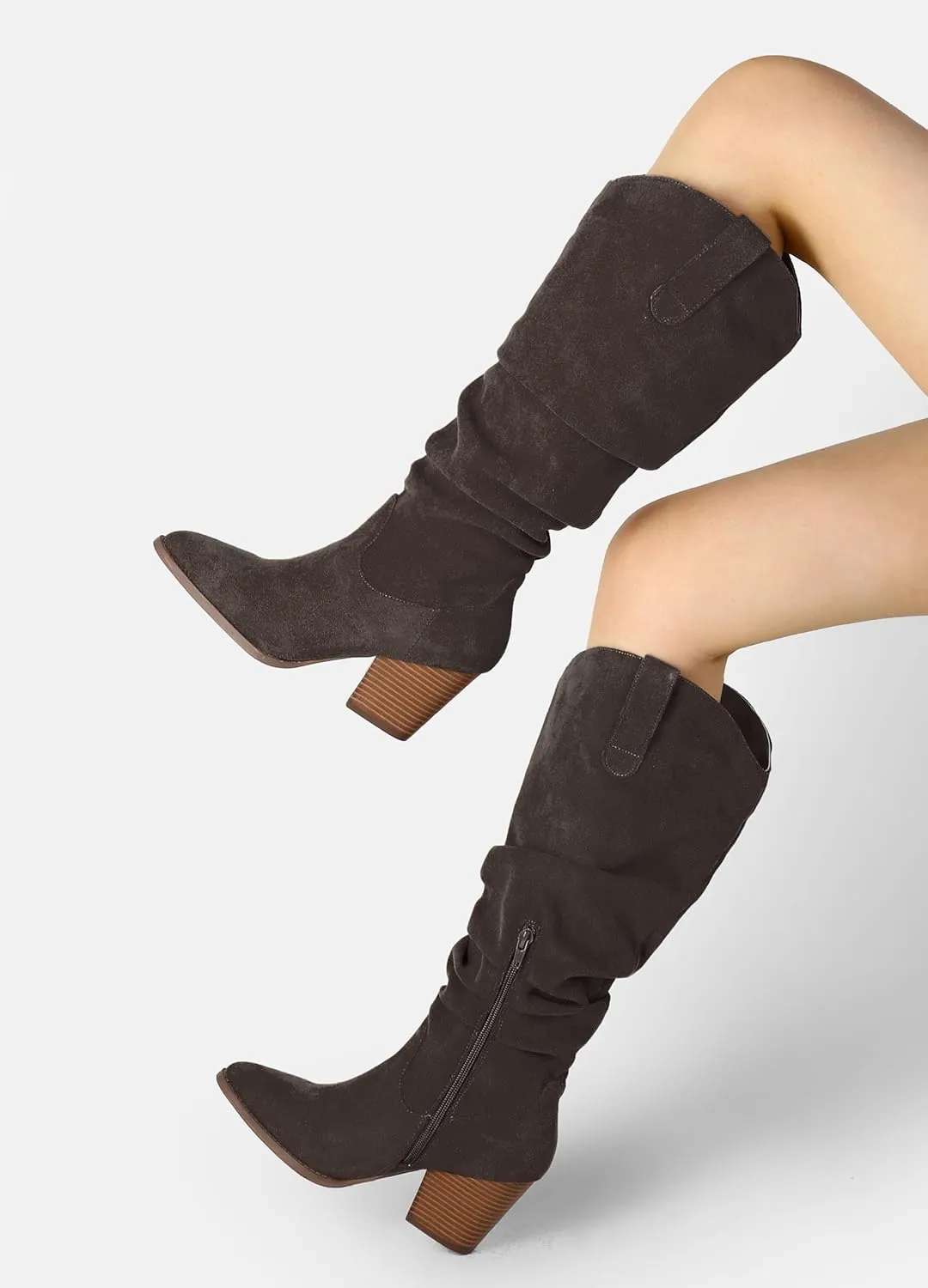 mysoft Women's Cowboy Knee-High Boots Pointed Toe Mid Chunky Heel Pull On Slouchy Boots with Zippers