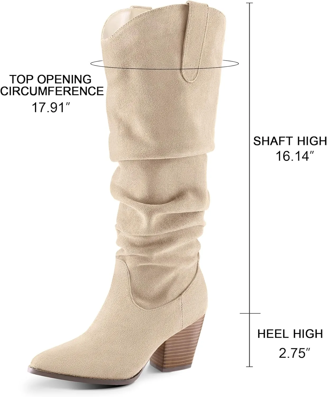 mysoft Women's Cowboy Knee-High Boots Pointed Toe Mid Chunky Heel Pull On Slouchy Boots with Zippers