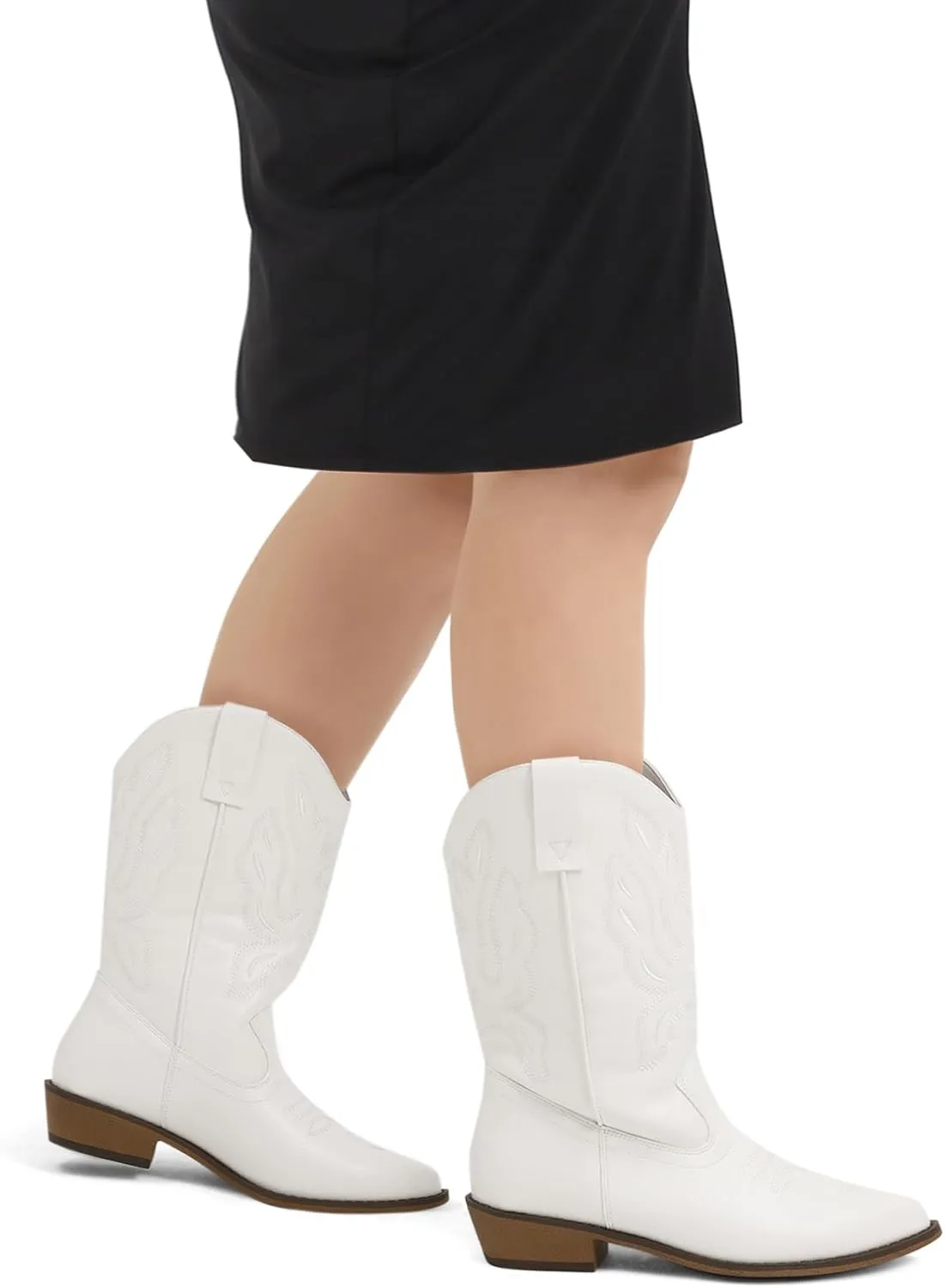 mysoft Women's Wide Calf Cowboy Boots Pull-On Mid-Calf Embroidered Pointed Toe Retro Western Boots