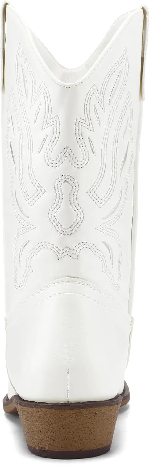 mysoft Women's Wide Calf Cowboy Boots Pull-On Mid-Calf Embroidered Pointed Toe Retro Western Boots