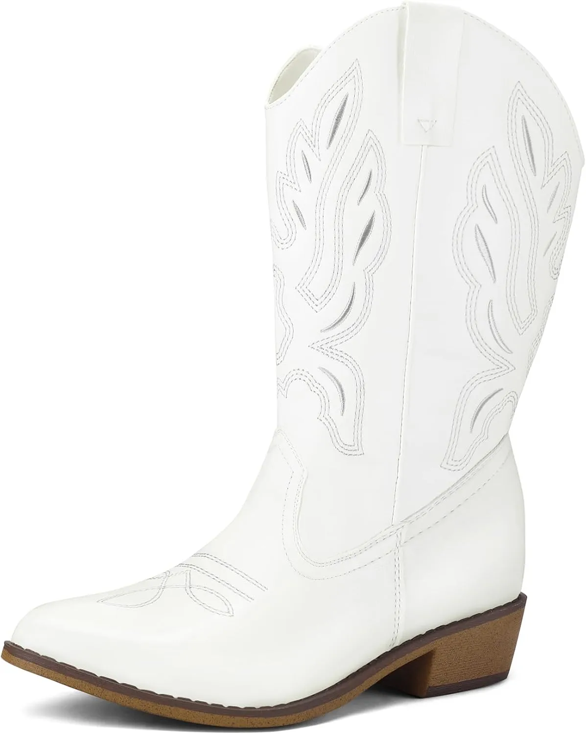 mysoft Women's Wide Calf Cowboy Boots Pull-On Mid-Calf Embroidered Pointed Toe Retro Western Boots