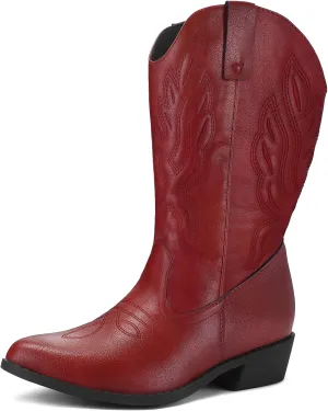 mysoft Women's Wide Calf Cowboy Boots Pull-On Mid-Calf Embroidered Pointed Toe Retro Western Boots